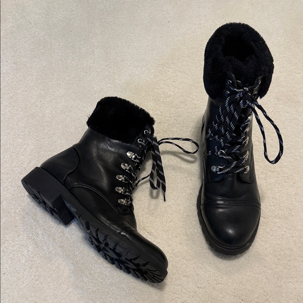 Black Fur Trim Combat Laced Boots